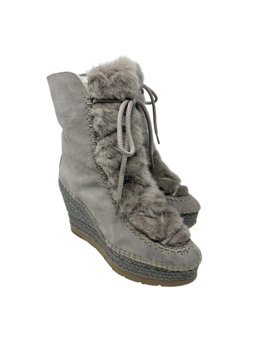 Vidorreta Taupe Suede & Faux Fur Espadrille Boots Size EU 39 Lace Up Wedge Heel